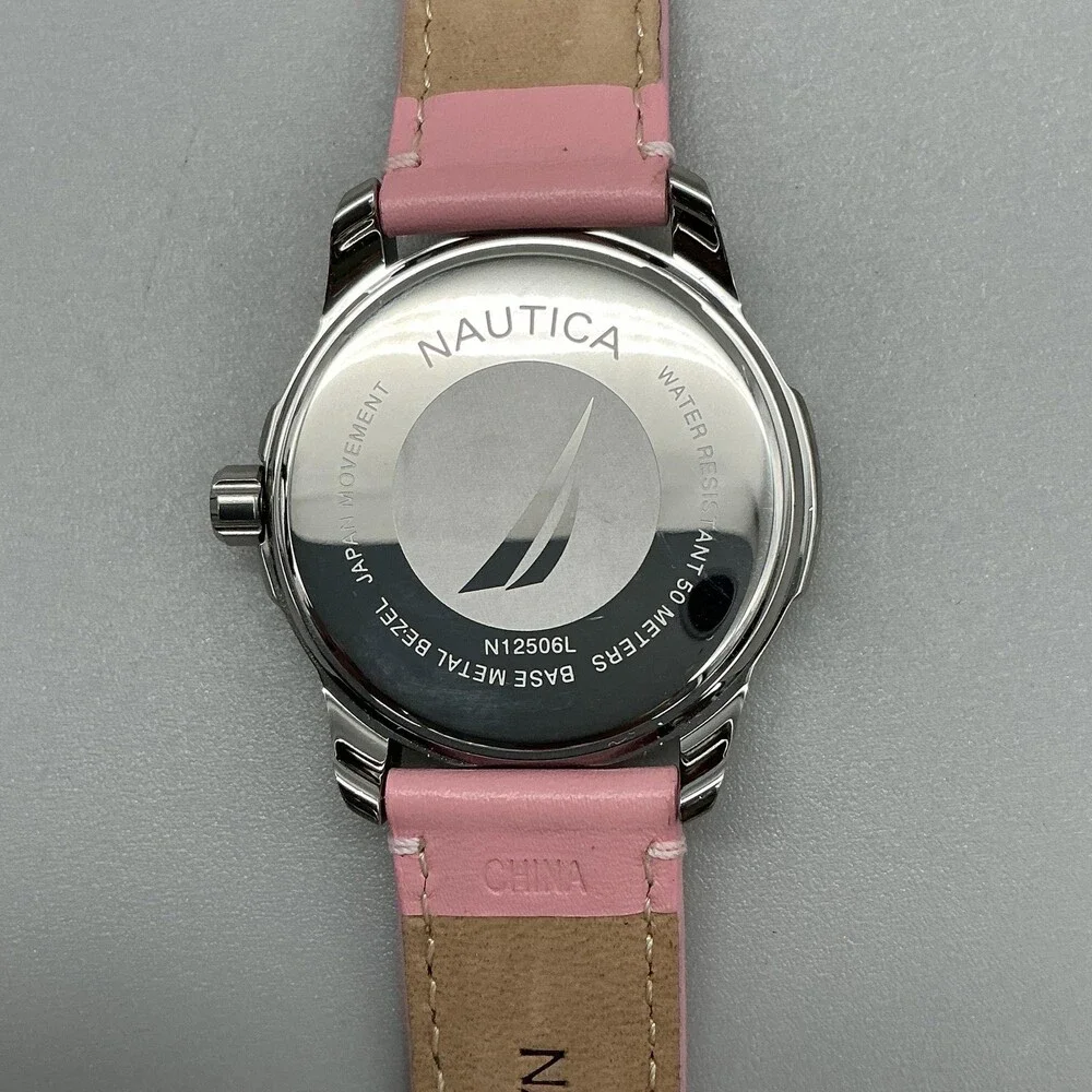 Nautica N12506L Women Watch 40mm White Dial Silver Tone Pink Leather New Battery